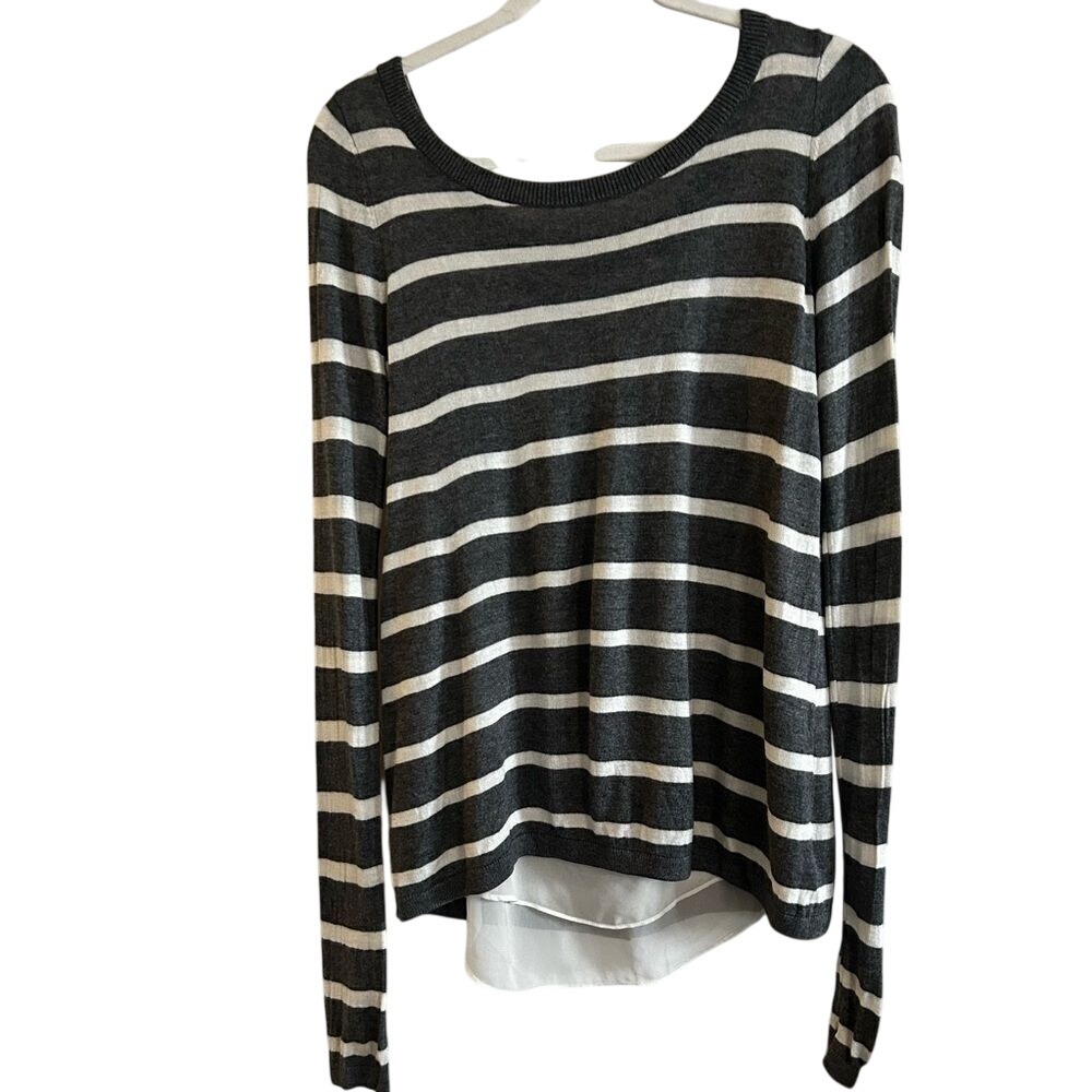 Express Split Back Striped Sweater Womens Medium Grey Cream Tank Underlay